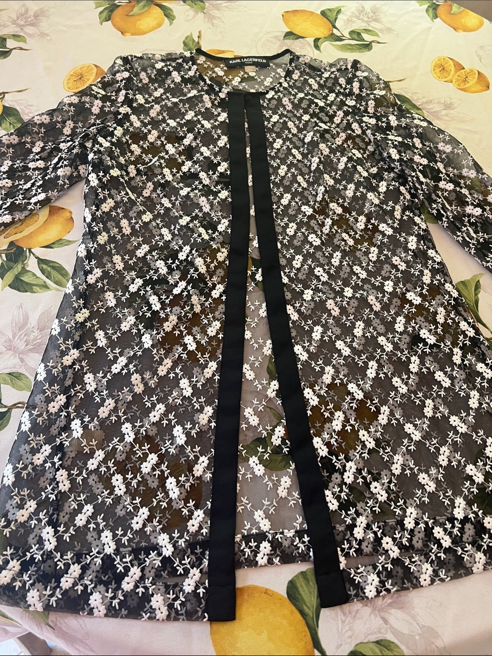 Worn 1x Karl Lagerfeld Black Sheer Floral Lace Longline duster with Ribbon Trim - Picture 4 of 6